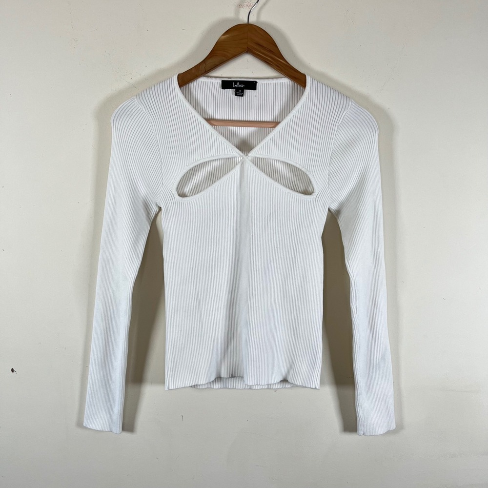 Lulus Ribbed Knit Long Sleeve White Top Cut Out Details Going Out Womens Small